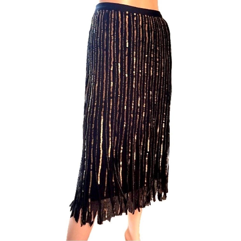 Coldwater Creek Black Gold Sequin Beaded Fringe Midi Skirt S12 Boho Whimsi Party